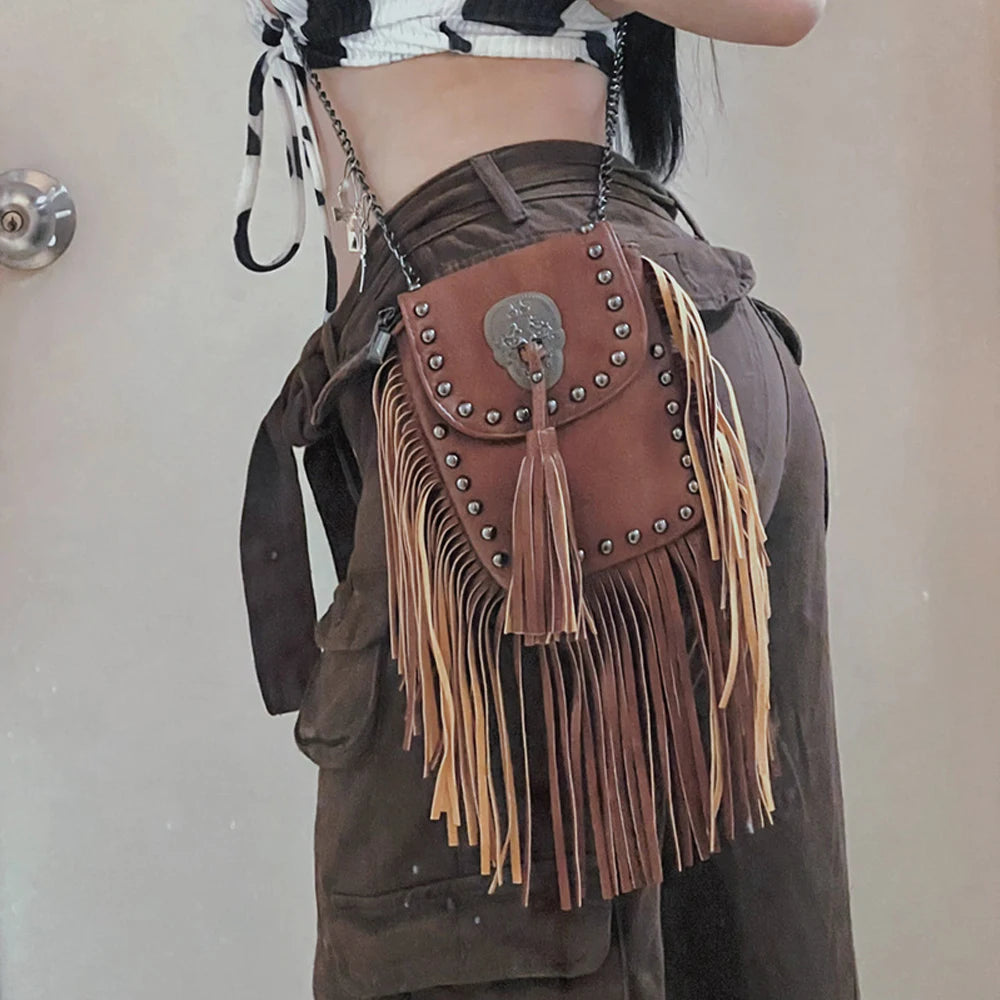 Vintage Rivet Tassel Chain Bags Women Shoulder Crossbdy Bags PU Leather