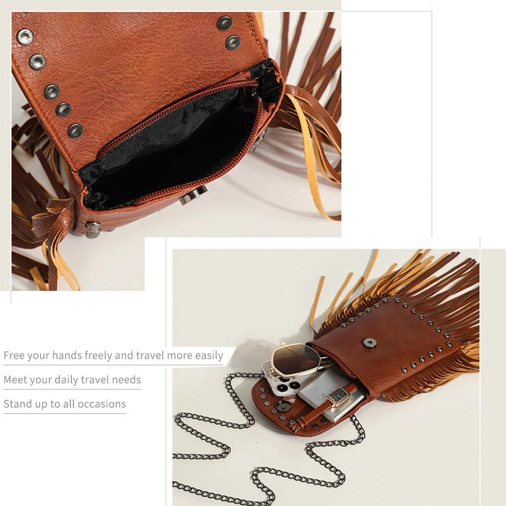Vintage Rivet Tassel Chain Bags Women Shoulder Crossbdy Bags PU Leather