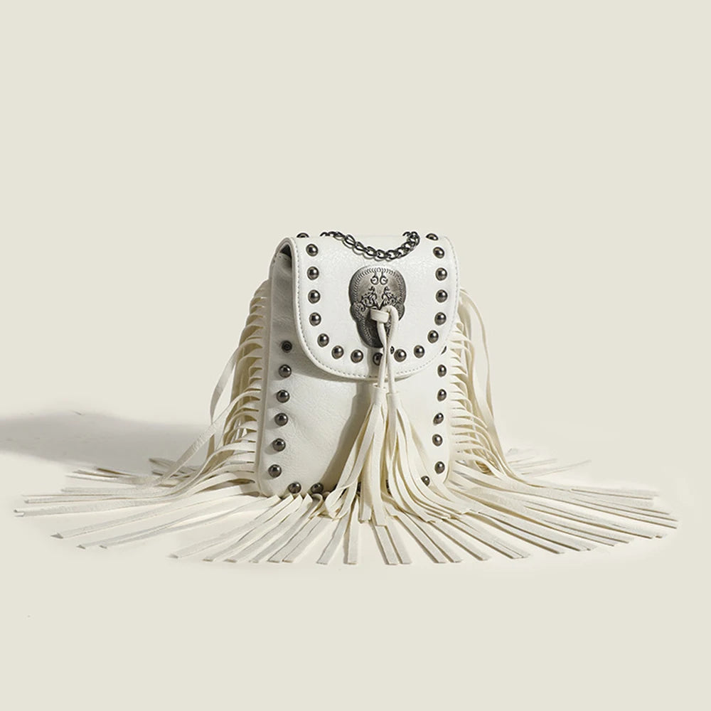 Vintage Rivet Tassel Chain Bags Women Shoulder Crossbdy Bags PU Leather