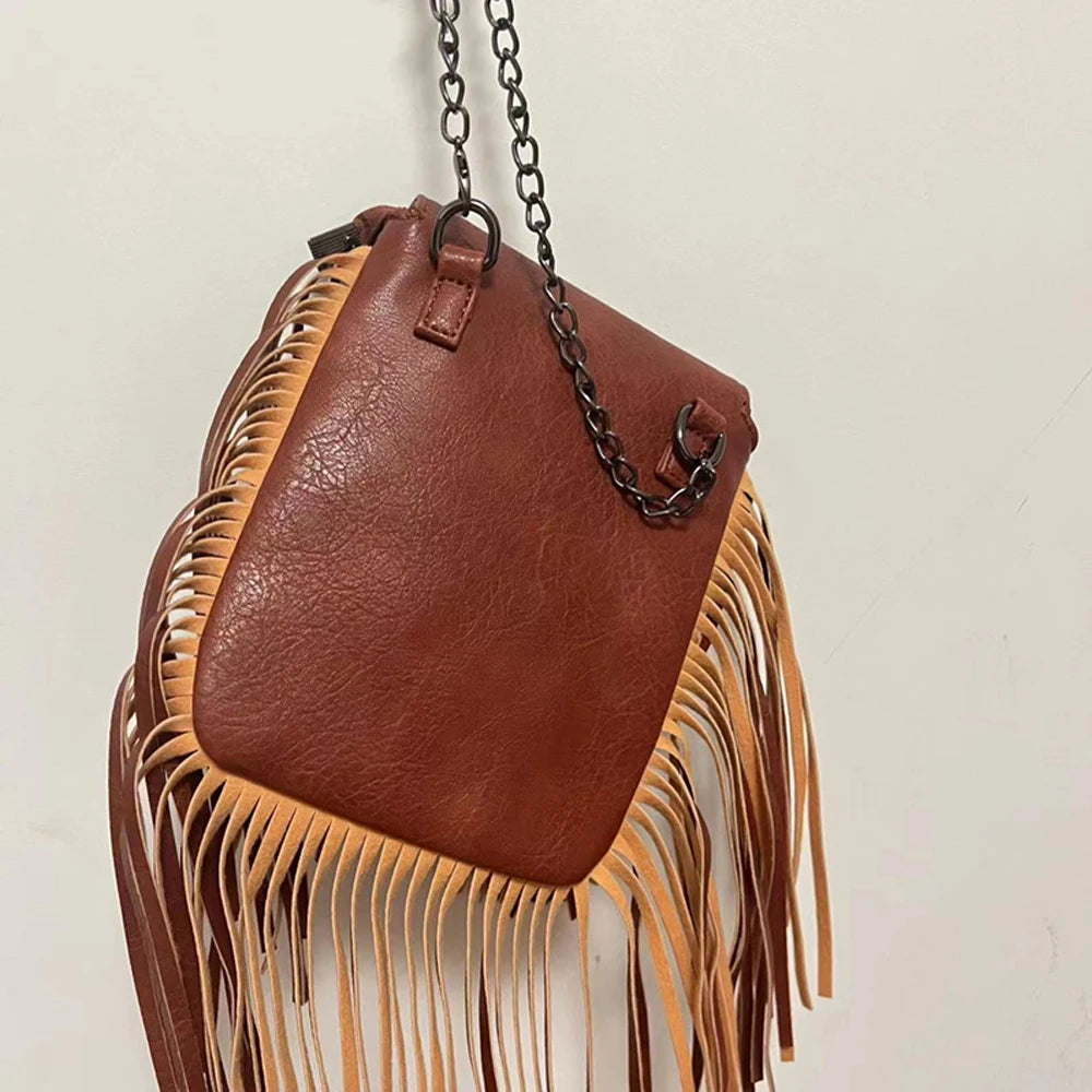 Vintage Rivet Tassel Chain Bags Women Shoulder Crossbdy Bags PU Leather
