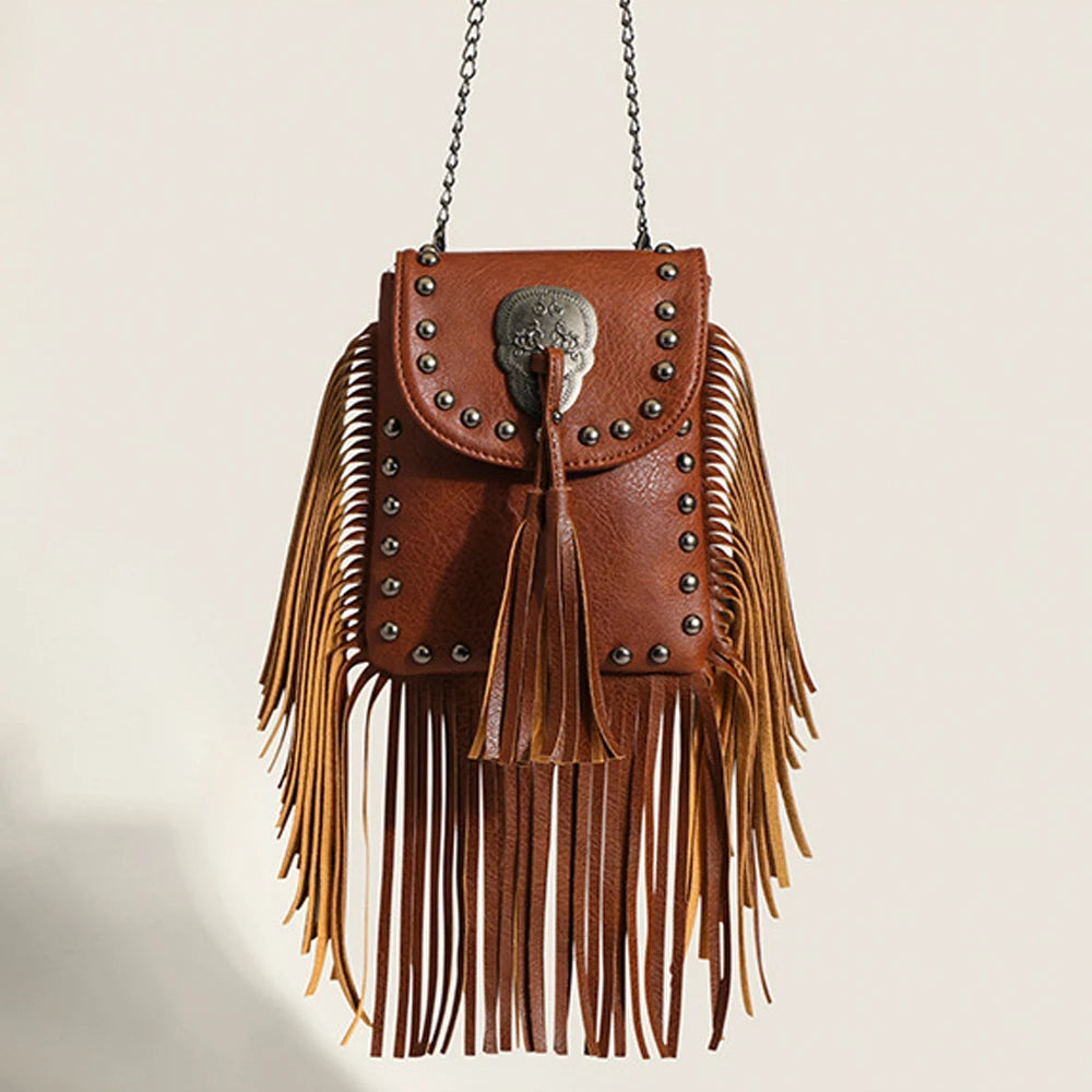 Vintage Rivet Tassel Chain Bags Women Shoulder Crossbdy Bags PU Leather