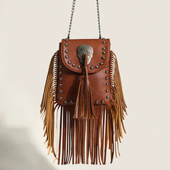 Vintage Rivet Tassel Chain Bags Women Shoulder Crossbdy Bags PU Leather