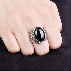 Vintage Royal Carving Gemstones Agate Jade Men's Silver Ring