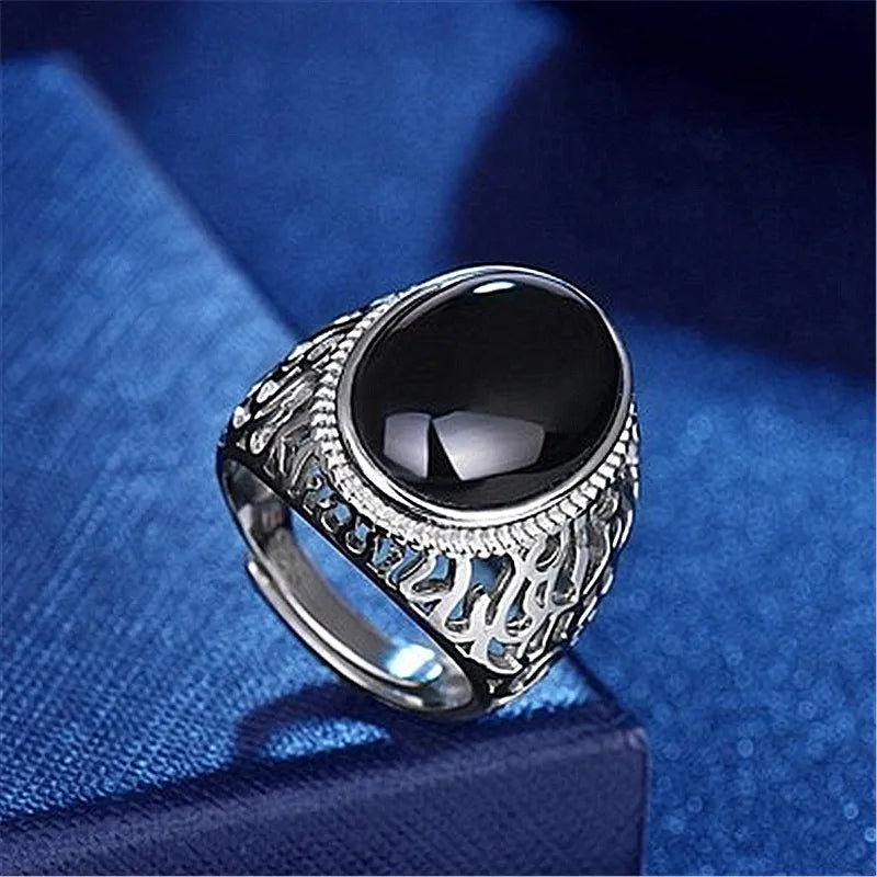 Vintage Royal Carving Gemstones Agate Jade Men's Silver Ring