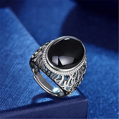 Vintage Royal Carving Gemstones Agate Jade Men's Silver Ring