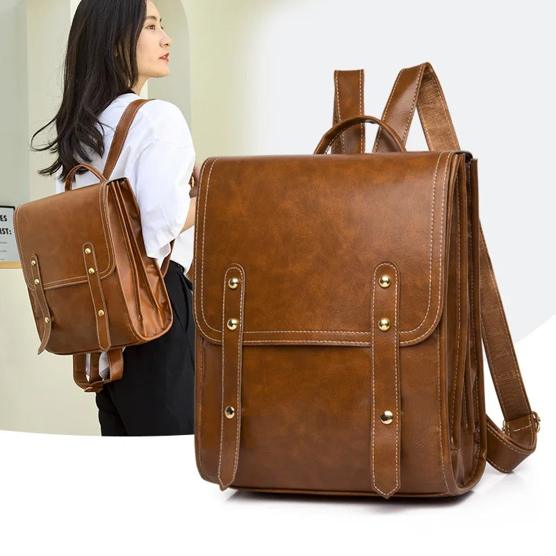 Vintage PU Leather Women Backpacks School Bagpack 13inch Laptop Bag