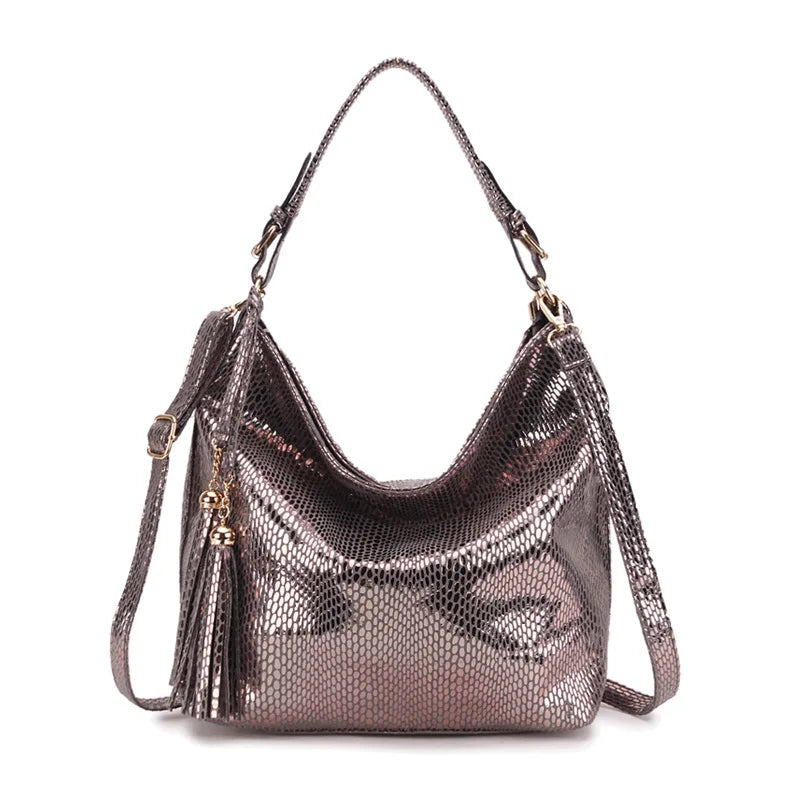 Vintage Serpentine Leather Women Handbag Big Shoulder Bag