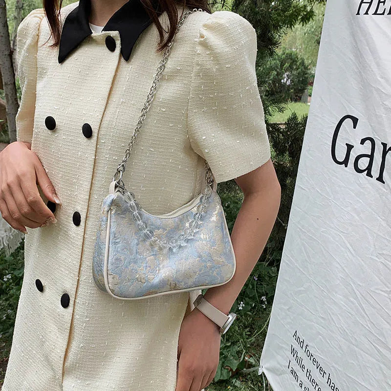 Vintage Canvas Shoulder Bag Metal Chain Women Small Handbag