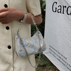 Vintage Canvas Shoulder Bag Metal Chain Women Small Handbag