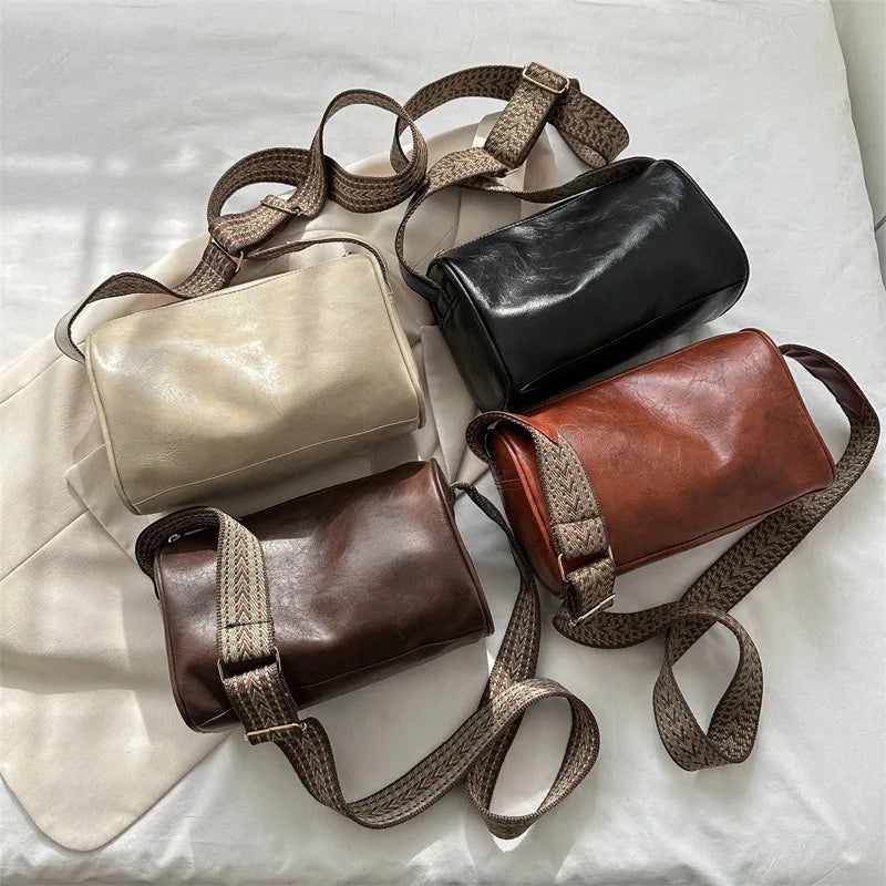 Vintage Pillow Shape Crossbody Bag Wide Strap Satchel Handbag