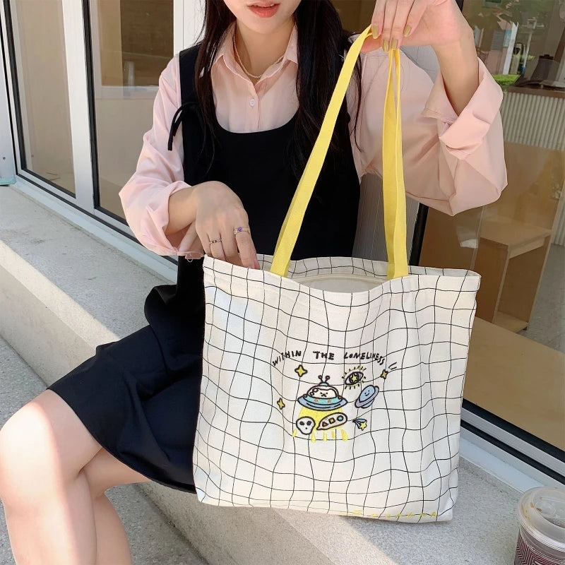 Vintage Canvas Embroidered Shoulder Bag Plaid Tote Gift