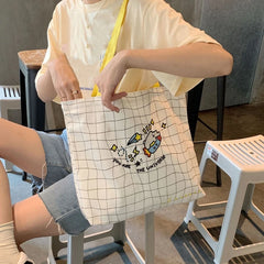 Vintage Canvas Embroidered Shoulder Bag Plaid Tote Gift