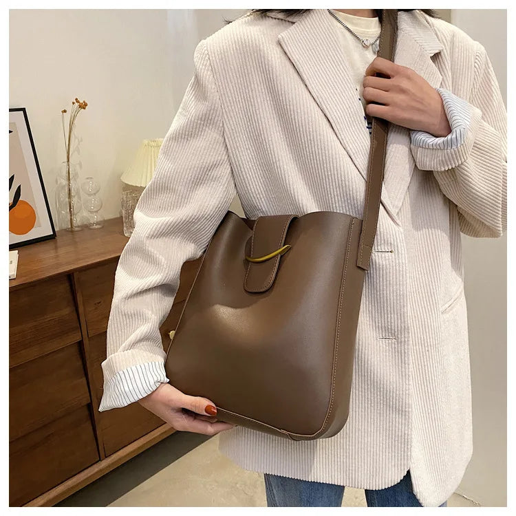 Vintage PU Leather Bucket Bag Shoulder Bags for Women Crossbody Handbag 2 Pcs
