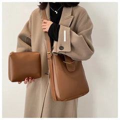 Vintage PU Leather Bucket Bag Shoulder Bags for Women Crossbody Handbag 2 Pcs