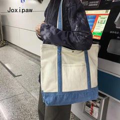 Vintage Canvas Large Capacity Handbag for Women Girl Patchwork Shoulder Bag