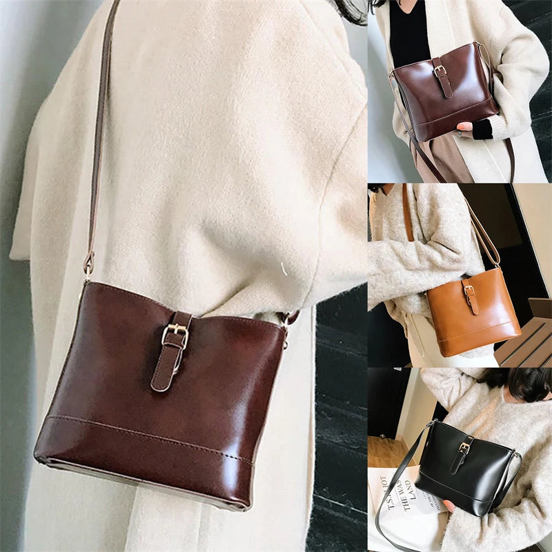 Small PU Leather Bucket Crossbody Shoulder Handbag