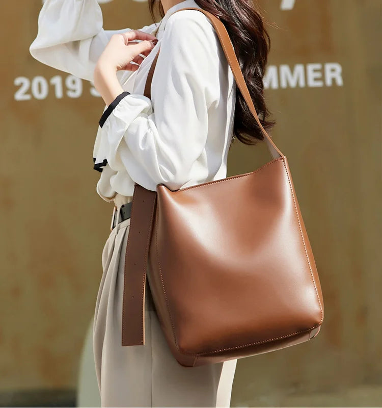 Vintage Women Bucket Bag Handbag Large Capacity Shoulder Totes Solid Underarm