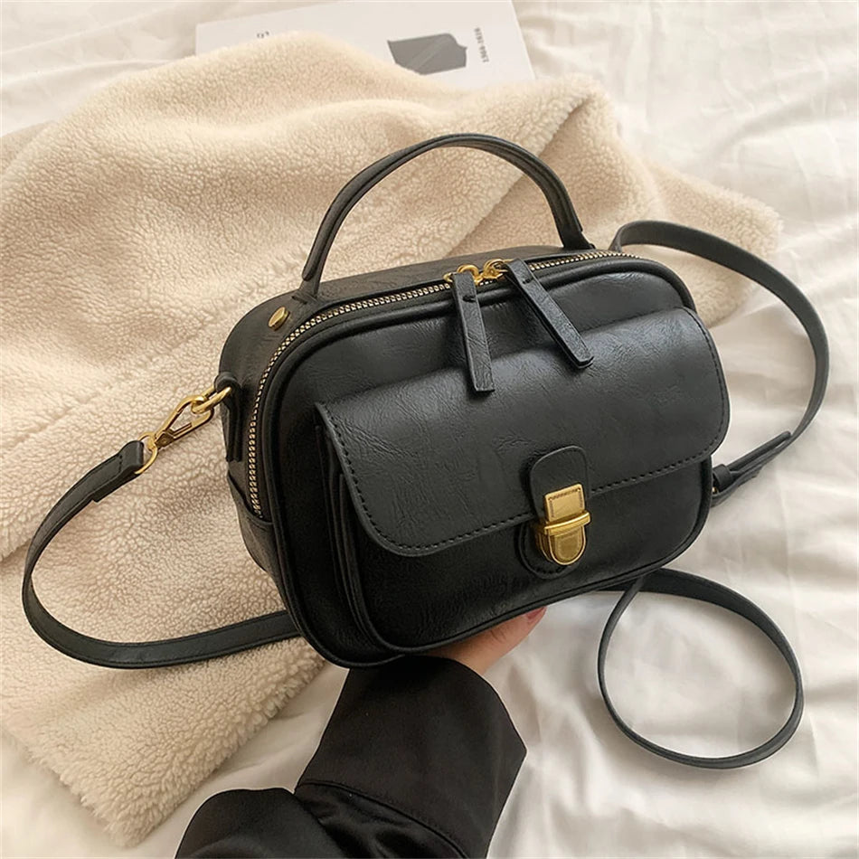 Vintage Small Leather Handbag Short Handle Crossbody Tote Purse