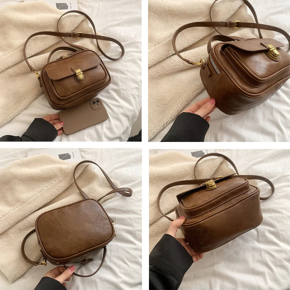 Vintage Small Leather Handbag Short Handle Crossbody Tote Purse
