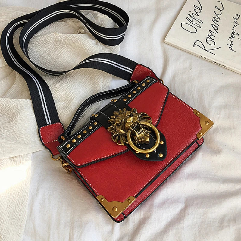Vintage Square Crossbody Flap Bag Rivets Lion Head Lock Shoulder Messenger