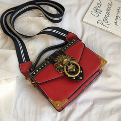 Vintage Square Crossbody Flap Bag Rivets Lion Head Lock Shoulder Messenger