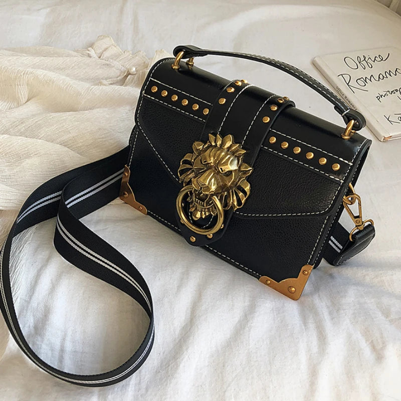 Vintage Square Crossbody Flap Bag Rivets Lion Head Lock Shoulder Messenger