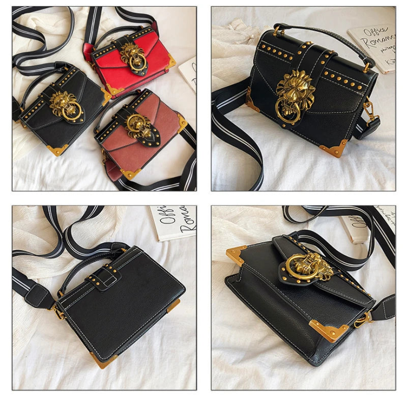 Vintage Square Crossbody Flap Bag Rivets Lion Head Lock Shoulder Messenger