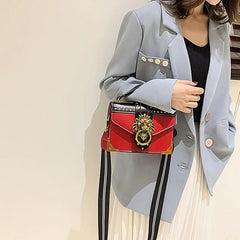 Vintage Square Crossbody Flap Bag Rivets Lion Head Lock Shoulder Messenger