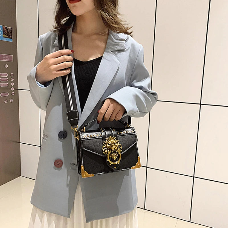 Vintage Square Crossbody Flap Bag Rivets Lion Head Lock Shoulder Messenger