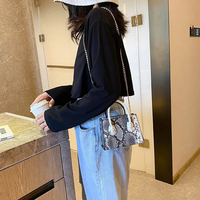 Vintage Snake Print Mini Shoulder Bag for Women PU Leisure Chain Bag