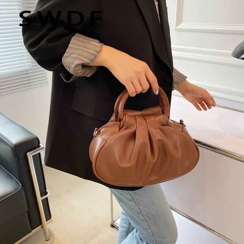 Vintage Pleated Leather Shoulder Bag for Women
