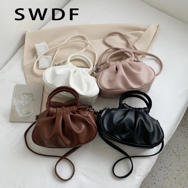 Vintage Pleated Leather Shoulder Bag for Women