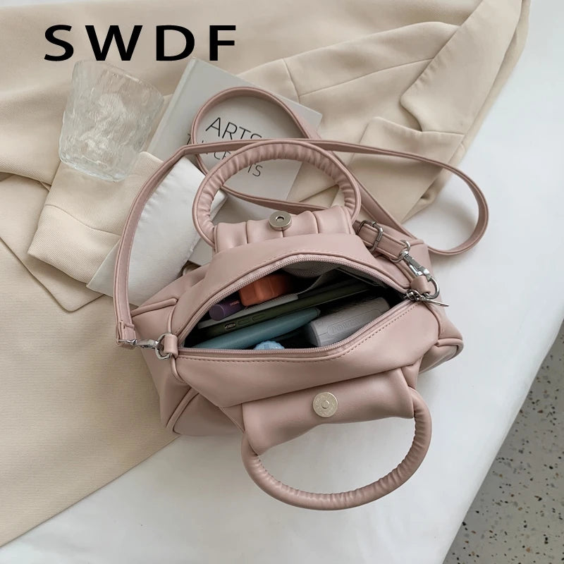 Vintage Pleated Leather Shoulder Bag for Women