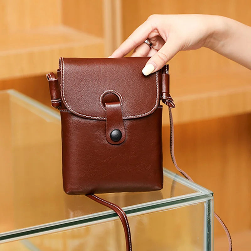 Vintage Solid Cow Leather Girls Purse Phone Bag