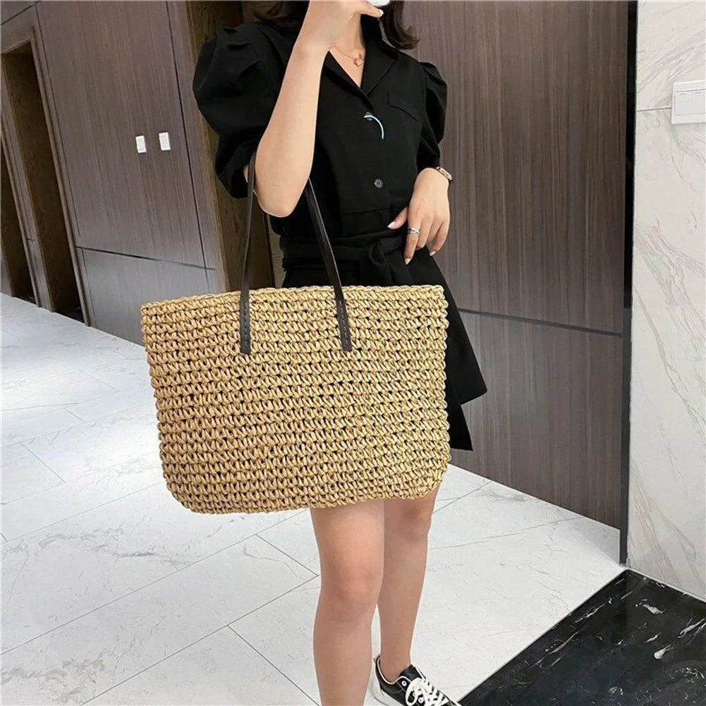 Vintage Straw Beach Bag Rattan Woven Shoulder Bag Large Capacity