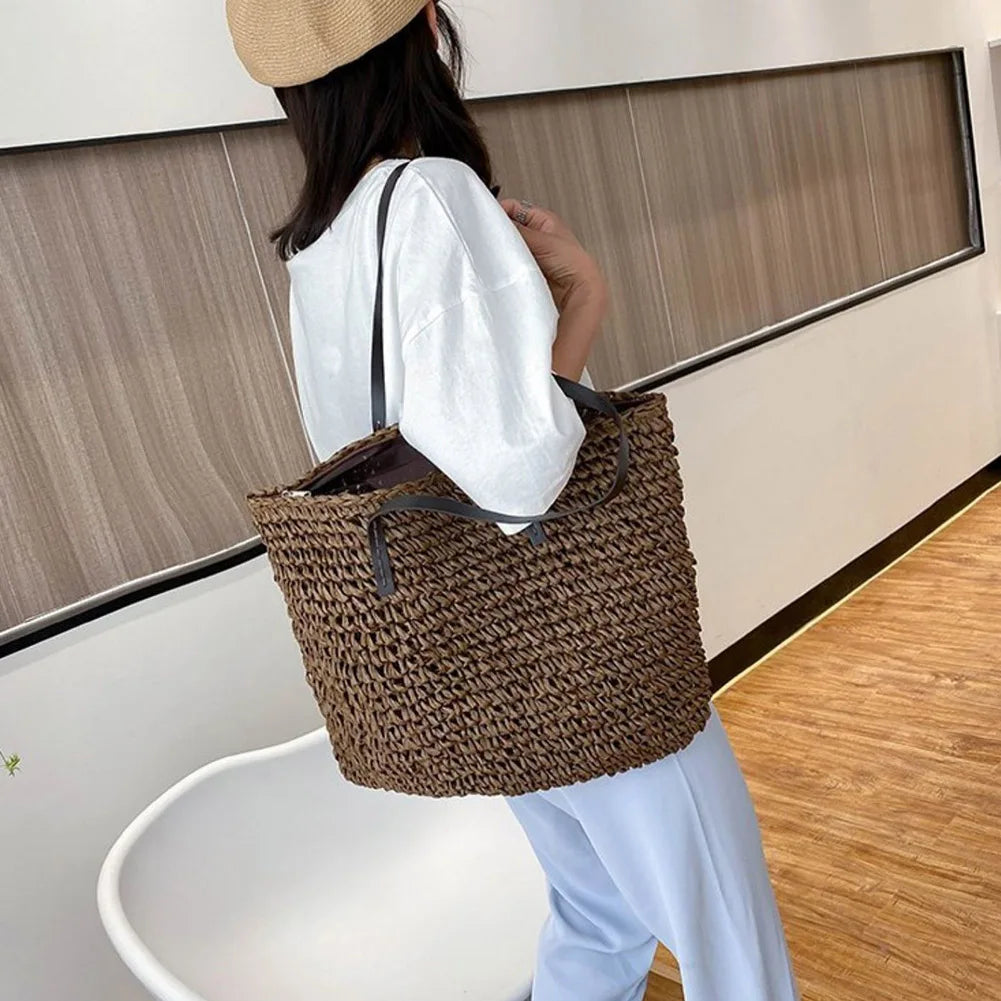 Vintage Straw Beach Bag Rattan Woven Shoulder Bag Large Capacity