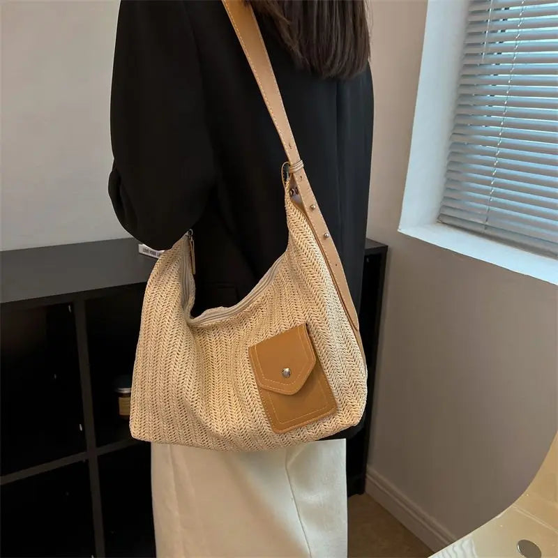 Vintage Straw Shoulder Bags Women Patchwork Underarm Bag