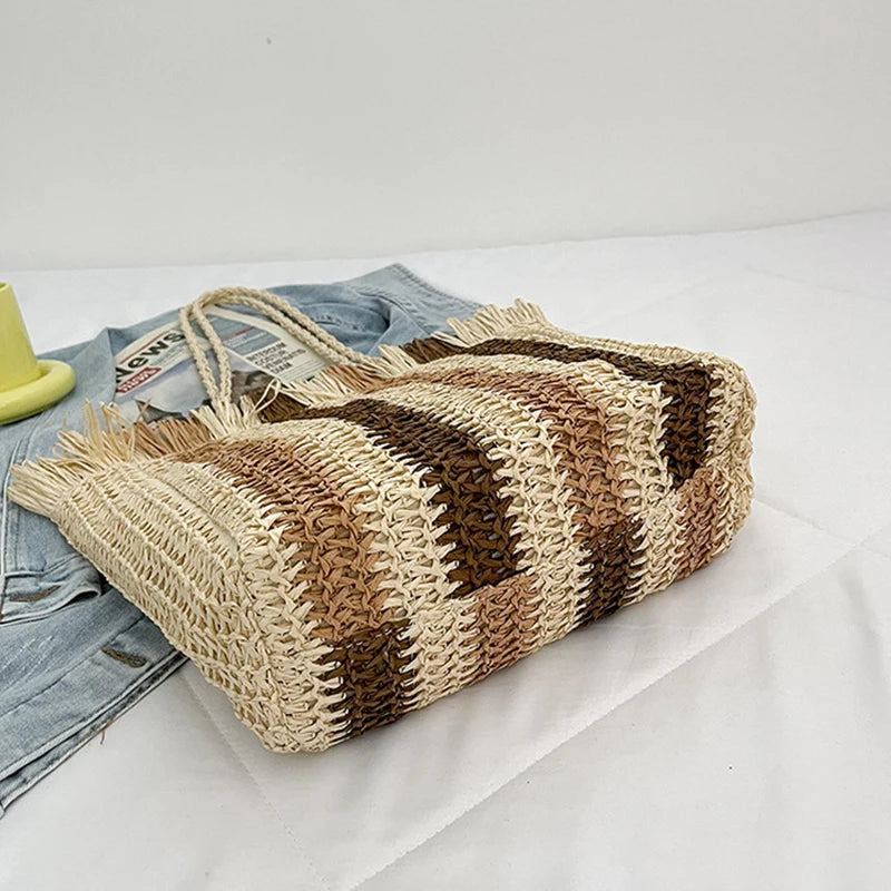 Vintage Stripe Straw Shoulder Bag Summer Woven Large Capacity Handbag Beach