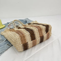 Vintage Stripe Straw Shoulder Bag Summer Woven Large Capacity Handbag Beach