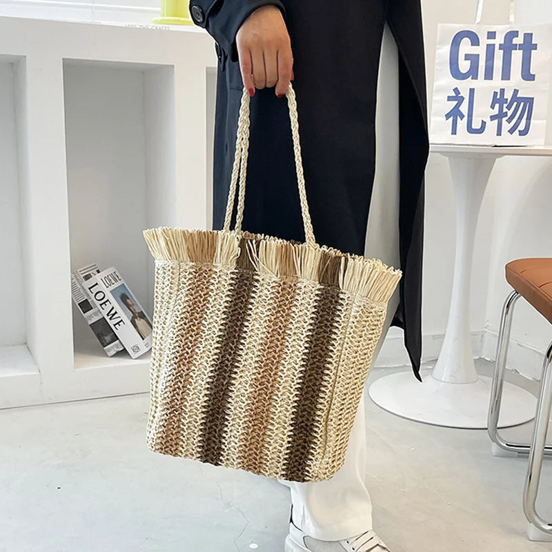 Vintage Stripe Straw Shoulder Bag Summer Woven Large Capacity Handbag Beach