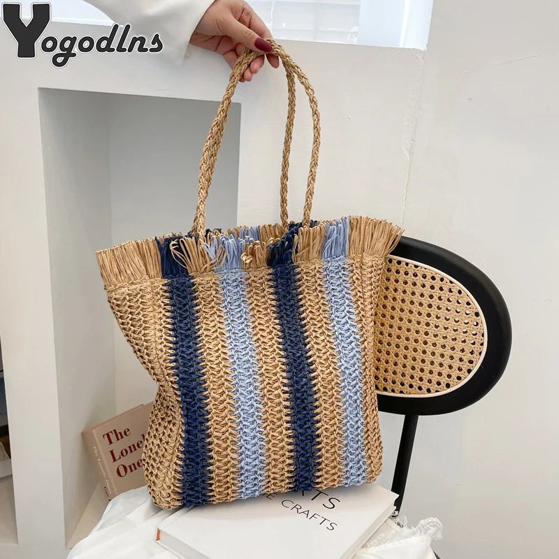 Vintage Stripe Straw Shoulder Bag Summer Woven Large Capacity Handbag Beach