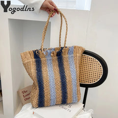 Vintage Stripe Straw Shoulder Bag Summer Woven Large Capacity Handbag Beach