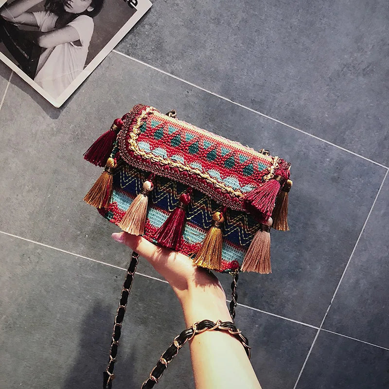 Vintage Tassel Weave Small Bag for Women Embroidery Shoulder Crossbody Travel