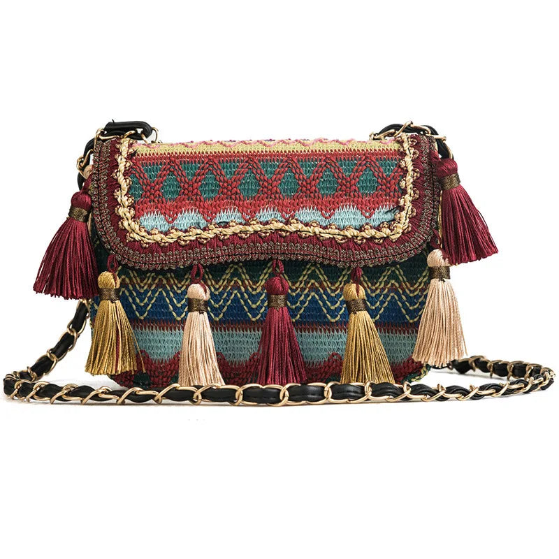 Vintage Tassel Weave Small Bag for Women Embroidery Shoulder Crossbody Travel