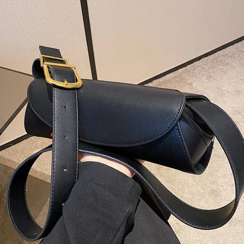 Vintage PU Leather Wide Strap Shoulder Bag for Women