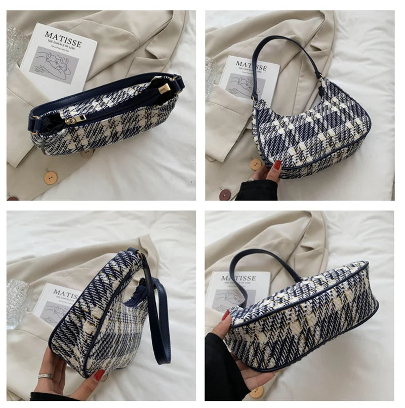 Vintage Plaid Canvas Shoulder Bag for Women