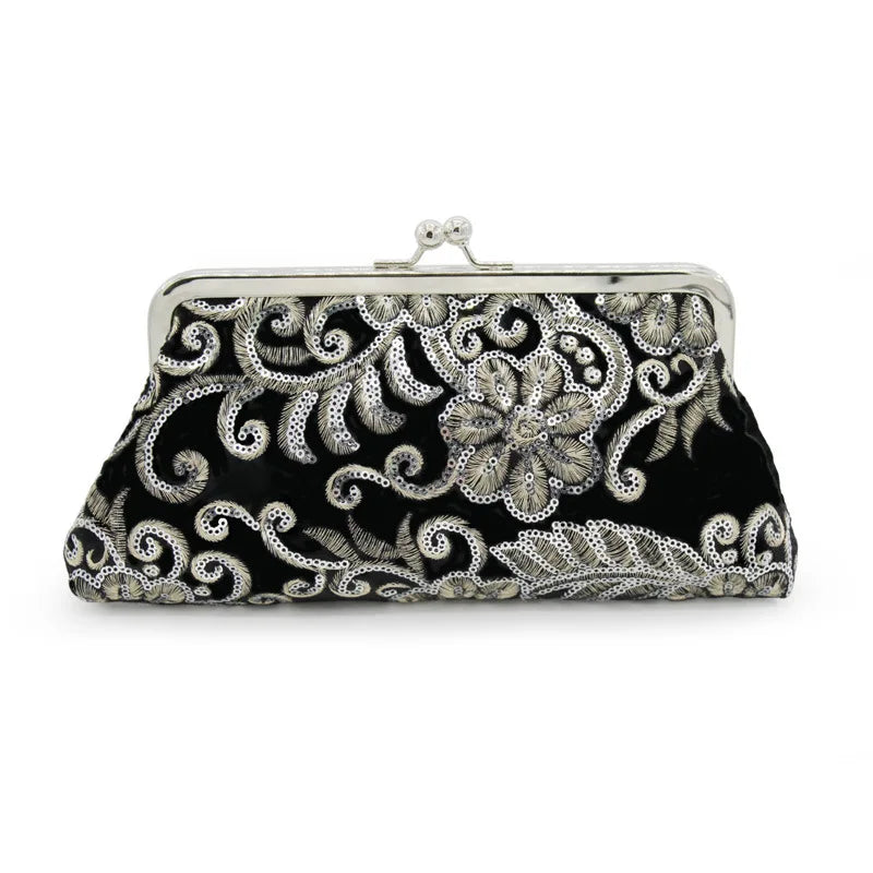 Vintage Wine Red Velvet Women HandBag Embroidered Beads Sequin