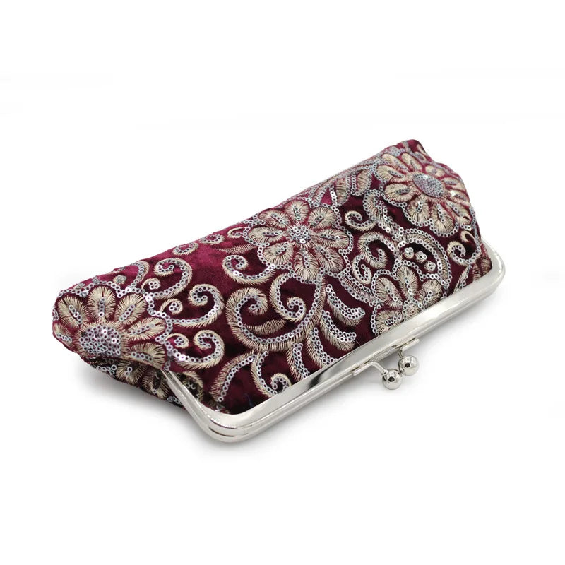 Vintage Wine Red Velvet Women HandBag Embroidered Beads Sequin