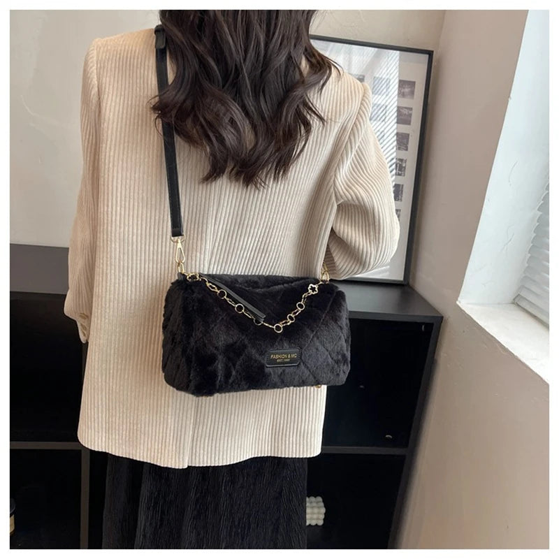 Vintage Winter Plush Shoulder Bag Women Furry Totes Handbag Purse