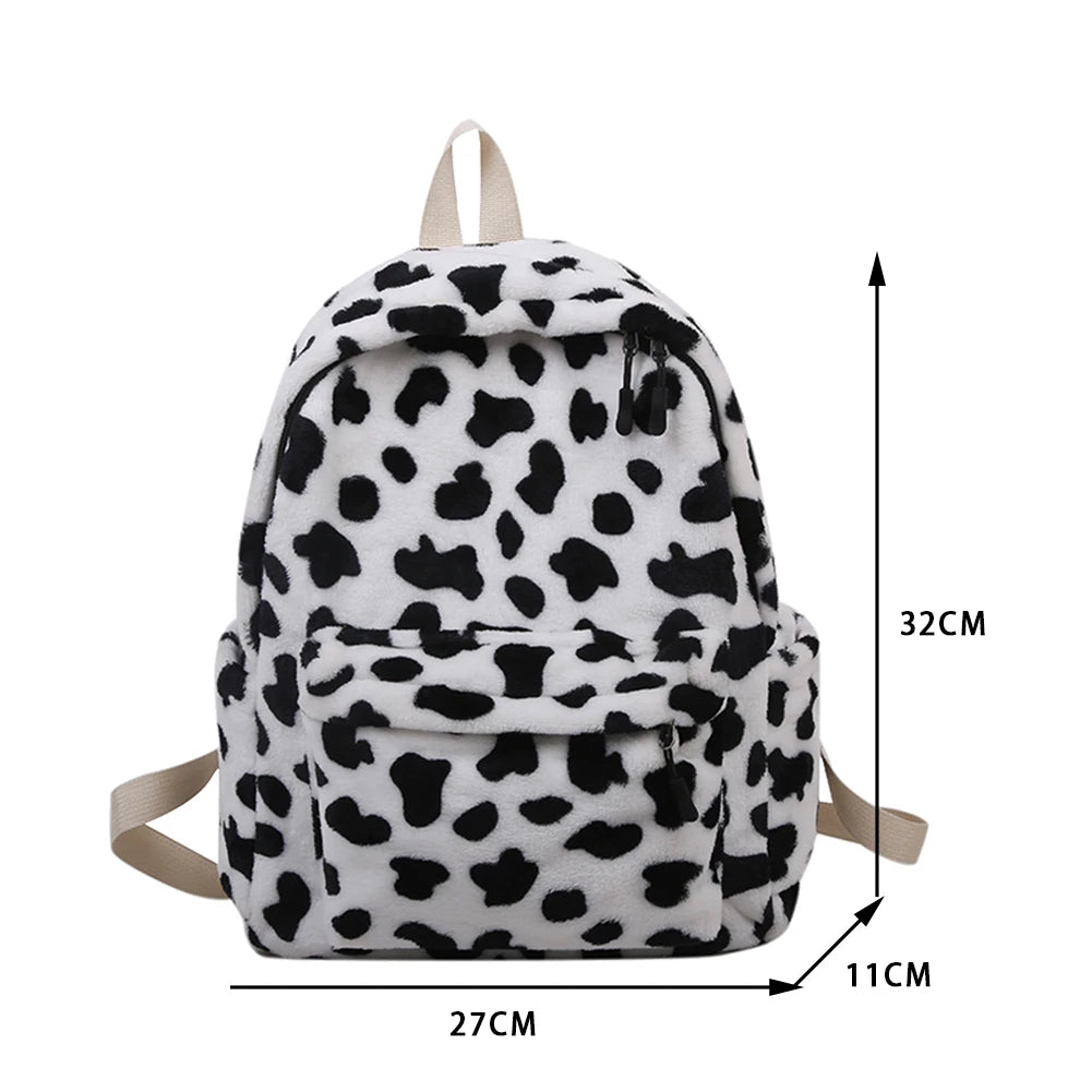 Vintage Women Animal Cow Pattern School Bags Soft Plush Student Backpack